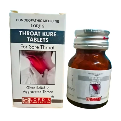 Homoeopathic medicine for sore throat relief with packaging and bottle displayed.