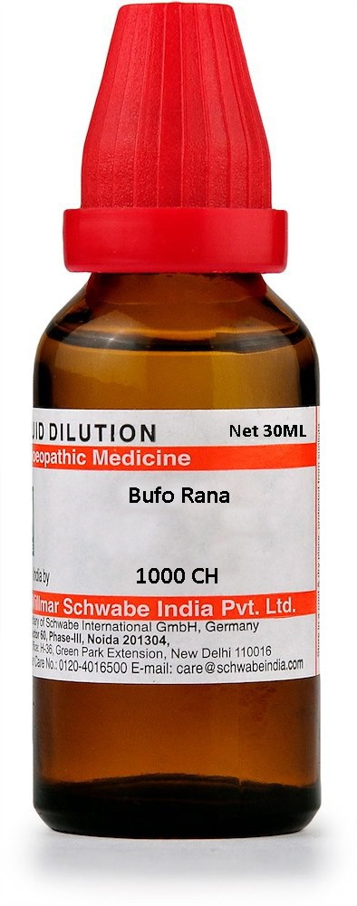 A brown glass bottle with a red cap, labeled as homeopathic medicine "Bufo Rana 1000 CH," produced by Schwabe India Pvt. Ltd.