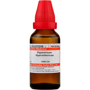 Homeopathic Medicine Bottle::A 30 mL amber glass bottle labeled "Papaverinum Hydrochloricum" with a red cap, indicating it contains homeopathic liquid dilution at a potency of 1000 CH.