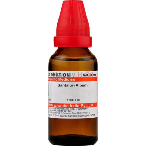 A 30 ml bottle of homeopathic liquid dilution for Santalum Album, labeled with dosage information and manufacturer details.