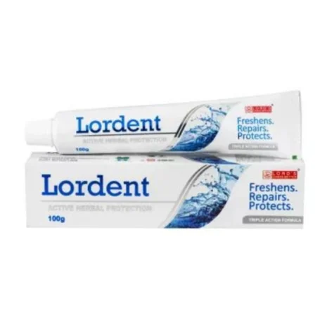 A tube of Lordent toothpaste alongside its box, showcasing its active herbal protection benefits, with emphasis on freshening, repairing, and protecting teeth.