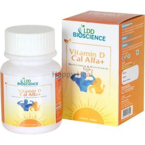 A bottle of Vitamin D Cal Alfa+ multivitamin and multimineral tablets, with the product box featuring bright colors and health-related graphics.