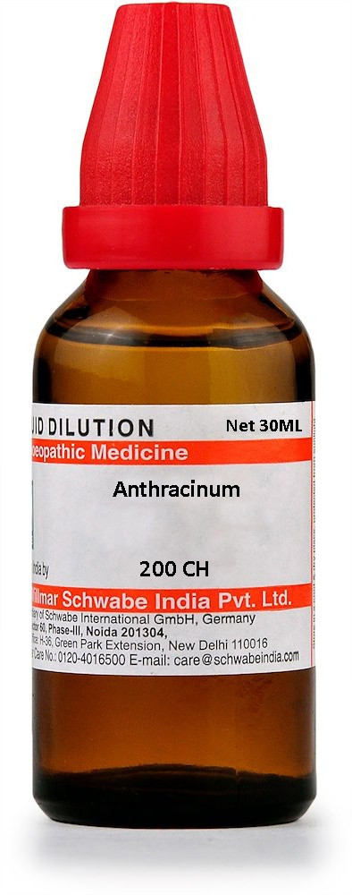 A 30ml bottle of Anthracinum homeopathic remedy with a red cap, featuring a label that includes dosage and manufacturer details.