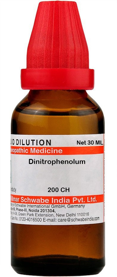 A 30 mL bottle of homeopathic medicine Dinitrophenolum, featuring a red cap and label with dosage information.