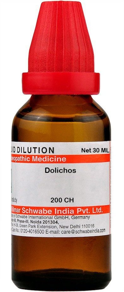 A 30ml bottle of Dolichos homeopathic medicine with a red dropper cap, labeled with dosage and manufacturer information.