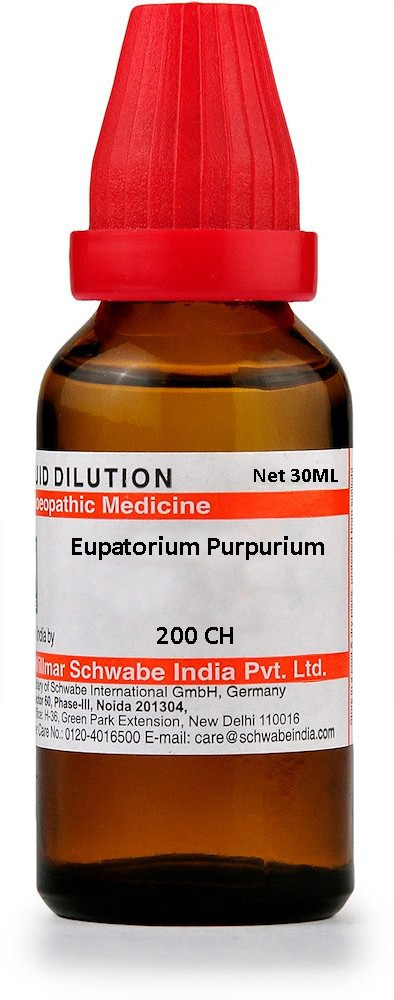 Eupatorium Purpurium Homeopathic Remedy::A 30ml bottle of Eupatorium Purpurium liquid dilution, featuring a red cap and labeled with dosage information and manufacturer details.