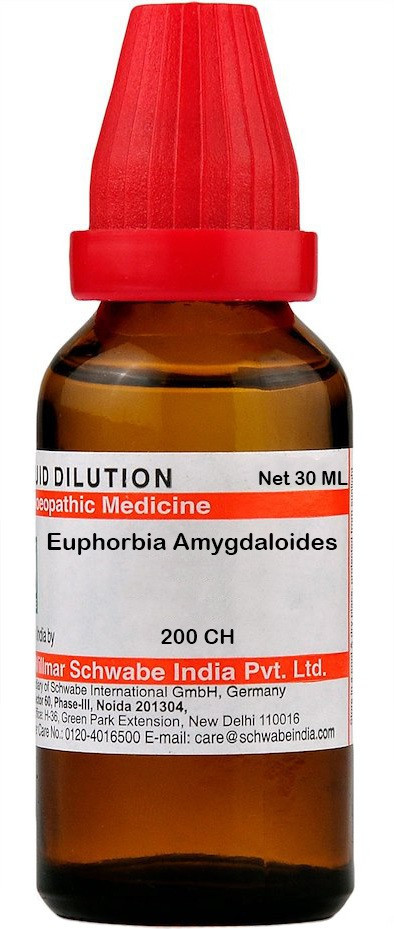 A 30 mL bottle of Euphorbia Amygdaloides homeopathic dilution, featuring a red dropper cap and labeled with dosage information.