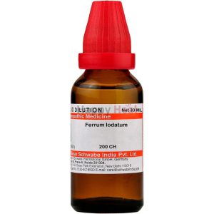 Ferrum Iodatum Homeopathic Medicine 200 CH:::Brown glass vial of Ferrum Iodatum homeopathic remedy, labeled for liquid dilution, with a red screw cap and 30 mL volume.
