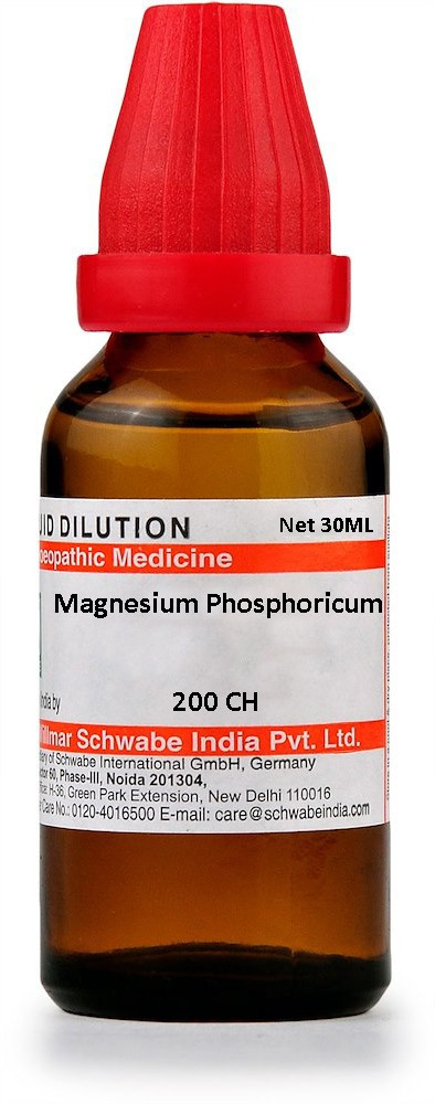 A 30ml bottle of Magnesium Phosphoricum with a red cap, labeled as homeopathic medicine and indicating a potency of 200 CH.
