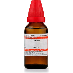 A 30ML bottle of homeopathic medicine labeled Uva Ursi 200 CH, featuring a red cap and detailed product information.