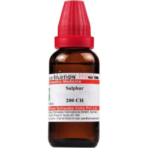 A brown glass bottle of homeopathic medicine labeled 'Sulphur 200 CH', featuring a red dropper cap and detailed branding information.