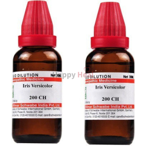 Two bottles of Iris Versicolor homeopathic medicine, each containing 30ml of 200 CH dilution, with distinct red droppers.