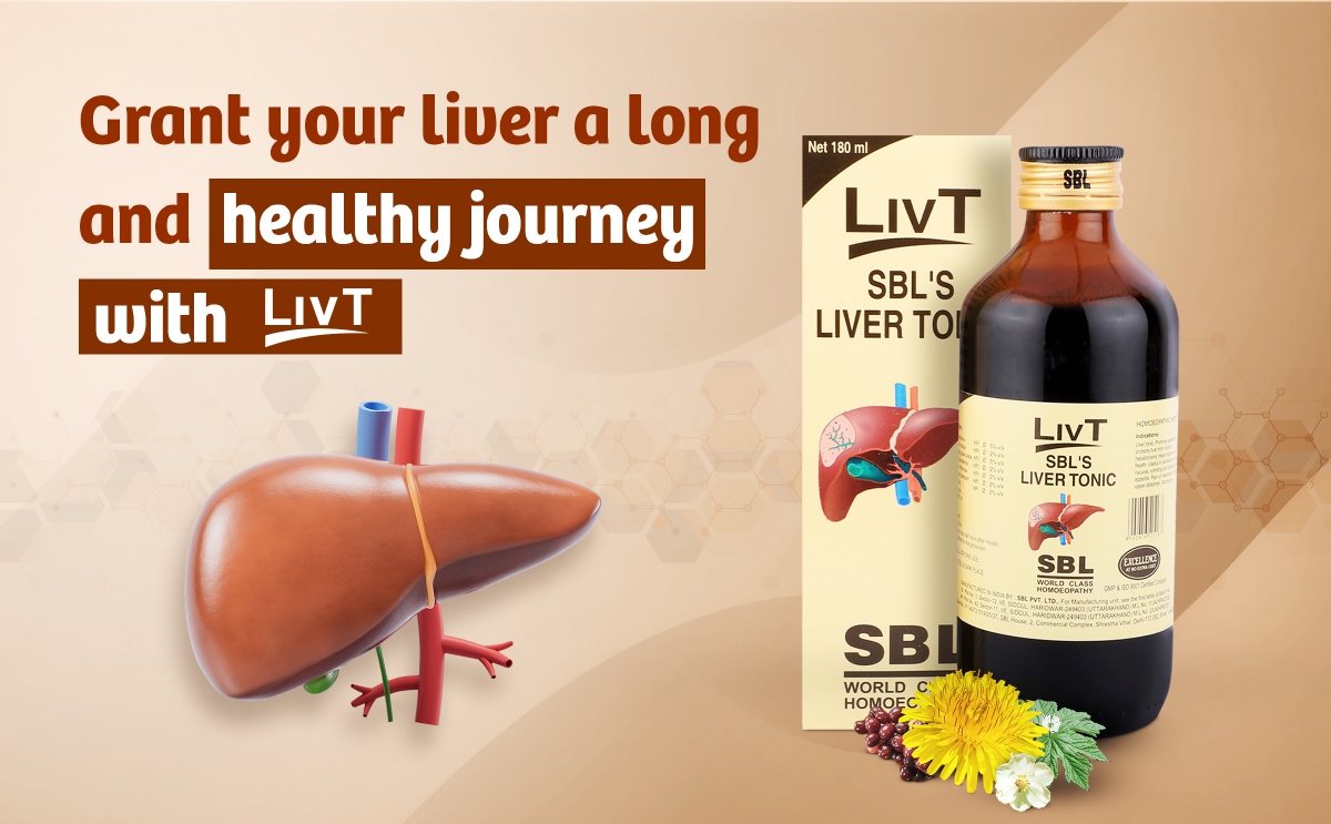 An image showcasing SBL's LivT Liver Tonic alongside a realistic liver illustration, emphasizing health benefits and wellness.