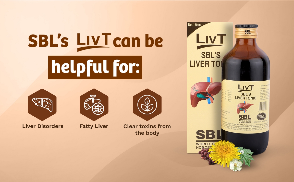 An image of SBL's LivT liver tonic bottle and packaging, highlighting its benefits for liver disorders, fatty liver, and detoxification.