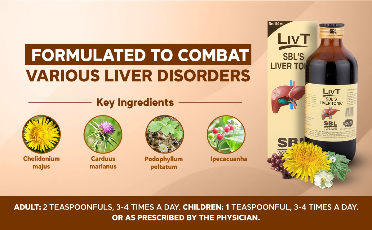 A promotional image featuring SBL's liver tonic, highlighting key ingredients like Chelidonium majus, Carduus marianus, Podophyllum peltatum, and Ipecacuanha, along with dosage instructions for adults and children.