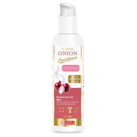 LORD'S Onion Conditioner::A bottle of LORD'S Onion Conditioner with natural oils and herbal extracts, designed for bioactive hair care and free from parabens and sulfates.
