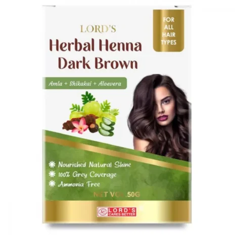 Herbal Henna Dark Brown Packaging::A pouch of Lord's Herbal Henna in Dark Brown, featuring natural ingredients like Amla, Shikakai, and Aloe Vera, promising nourishment and grey coverage, with a model showcasing healthy hair.