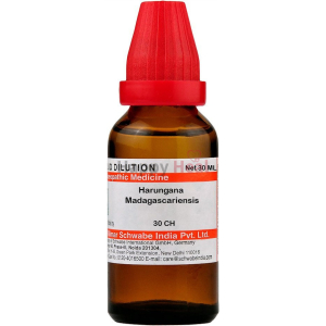 A 30 ML bottle of homeopathic liquid dilution featuring Harungana Madagascariensis, with a red cap and labeled by Wilmar Schwabe India Pvt. Ltd.