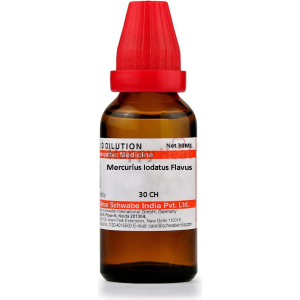 A 30ml bottle of Mercurius Iodatus Flavus homeopathic medicine with a red cap and labeled details.