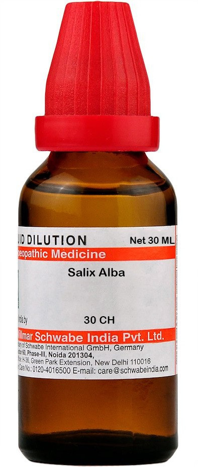 A 30 mL bottle of homeopathic Salix Alba solution with a red cap, labeled as a liquid dilution for homeopathic medicine.
