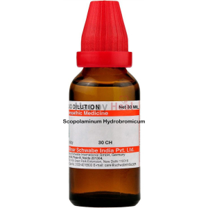 Scopolanum Hydrobromicum Homeopathic Medicine::Scopolanum Hydrobromicum 30 CH liquid dilution in a glass bottle with a red dropper cap.