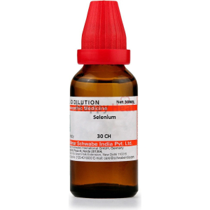 Bottle of homeopathic liquid dilution labeled Selenium 30 CH, featuring a red cap and information about the manufacturer.