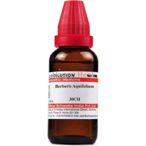 A 30ml bottle of Berberis Aquifolium homeopathic remedy with a red cap, labeled with dosage information and manufacturer details.