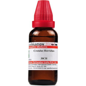 A 30ml bottle of Crotalus Horridus 30CH homeopathic medicine with a red cap, labeled with dosage and manufacturer information.