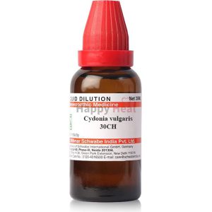 Image of a 30ml bottle of Cydonia vulgaris, a homeopathic medicine, featuring a red dropper cap and labeled with details about its use and manufacturer.