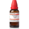 A 30ml brown glass bottle of liquid homeopathic medicine labeled Lycopodium clavatum 30CH, with a red dropper cap.