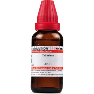 30ml bottle of homeopathic Tellurium 30CH solution with a red dropper cap.