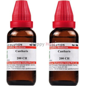 Two brown glass bottles of Cantharis homeopathic medicine, 30ml each, with red caps and labels detailing product information.
