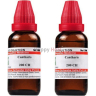 Two brown glass bottles of Cantharis homeopathic medicine, 30ml each, with red caps and labels detailing product information.