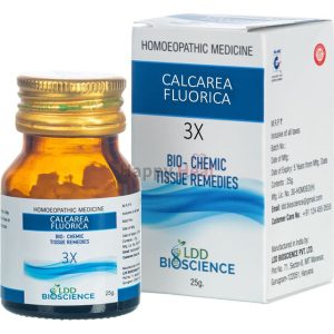 Bottle of Calcareafluorica 3X with packaging, indicating it's a bio-chemic tissue remedy from LDD Bioscience.