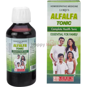 A bottle of Lord's Alfalfa Tonic alongside its packaging, highlighting its benefits as a complete health tonic essential for families.