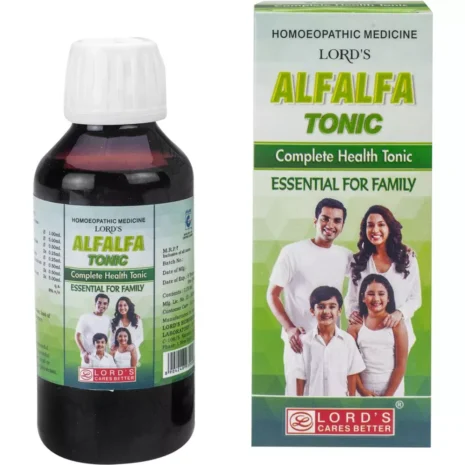 Alfalfa Tonic: Complete Health Solution for Families A bottle of Lord's Alfalfa Tonic alongside its packaging, highlighting its benefits as a complete health tonic essential for families.