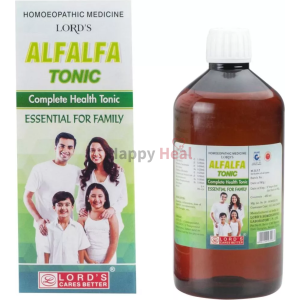Bottle of LORD'S Alfalfa Tonic with a family image on the label, highlighting its benefits as a health tonic.