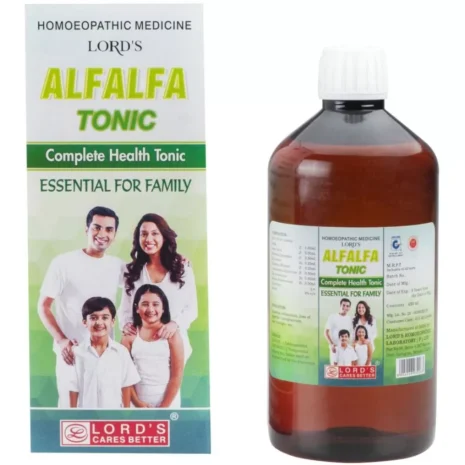 LORD'S Alfalfa Tonic: Complete Health for Families Bottle of LORD'S Alfalfa Tonic with a family image on the label, highlighting its benefits as a health tonic.