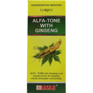 A box of Alfa-Tone with Ginseng, highlighting its benefits as a tonic for physical and mental exhaustion, featuring an illustration of ginseng and green leaves.