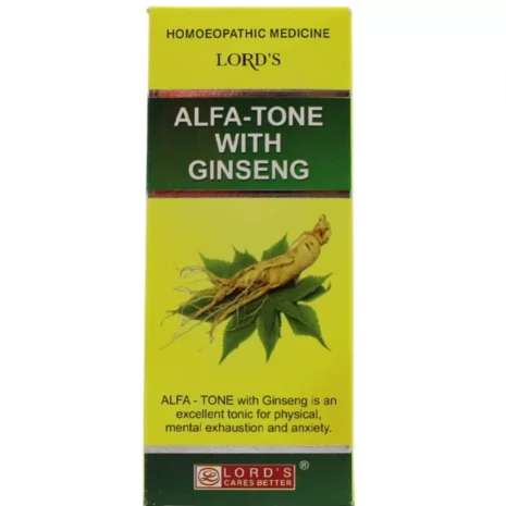 A box of Alfa-Tone with Ginseng, highlighting its benefits as a tonic for physical and mental exhaustion, featuring an illustration of ginseng and green leaves.