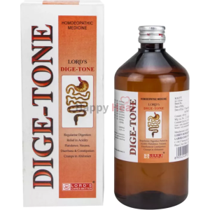 Bottle of Lord's Dige-Tone homeopathic remedy for digestive issues, with packaging showing a stomach illustration and usage instructions.