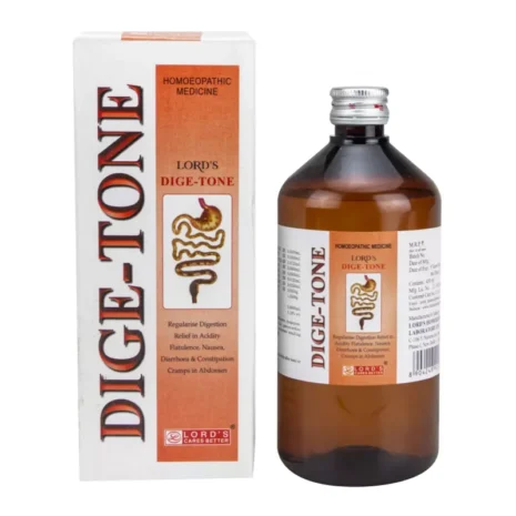 Bottle of Lord's Dige-Tone homeopathic remedy for digestive issues, with packaging showing a stomach illustration and usage instructions.