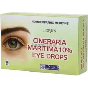 Close-up of the box containing Lord's Cineraria Maritima 10% eye drops with an eye illustration and product information.