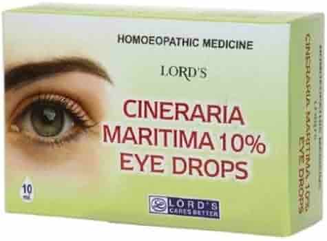 Cineraria Maritima Eye Drops Packaging Close-up of the box containing Lord's Cineraria Maritima 10% eye drops with an eye illustration and product information.