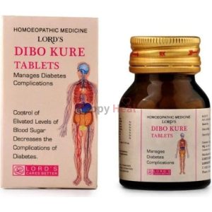 Homoeopathic medicine bottle and box labeled "Dibo Kure Tablets" by Lord's, designed to manage diabetes complications and control blood sugar levels.
