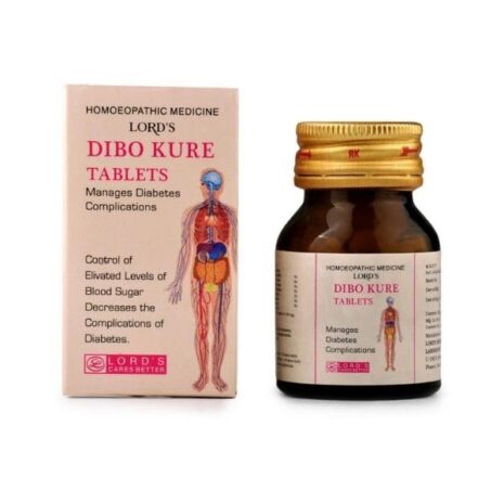 Dibo Kure Tablets for Diabetes Management Homoeopathic medicine bottle and box labeled "Dibo Kure Tablets" by Lord's, designed to manage diabetes complications and control blood sugar levels.