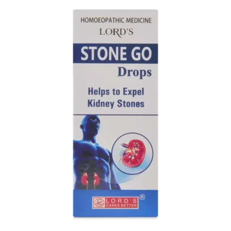 Product packaging for LORD'S Stone Go Drops, a homeopathic medicine designed to help expel kidney stones, featuring an image of a human figure and kidney illustration.