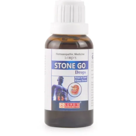 Bottle of Stone Go drops, a homeopathic remedy designed to help expel kidney stones, featuring an anatomical illustration and dosage information.