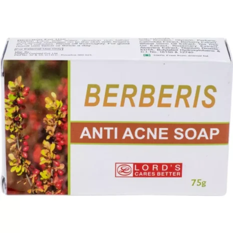 Berberis Anti Acne Soap by Lord's A 75g soap bar designed specifically for acne treatment, featuring natural ingredients and a botanical image on the packaging.