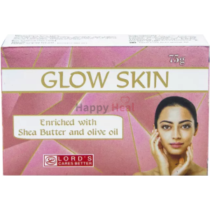 Package design for Glow Skin soap enriched with shea butter and olive oil, featuring a model demonstrating skincare.